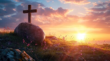Good Friday concept: Empty tomb stone with cross on meadow sunrise background 