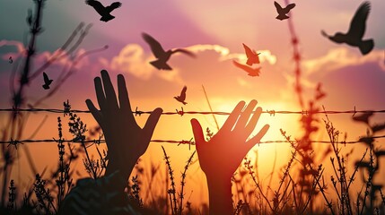 Human right day concept: Silhouette refugee hands raising with birds flying and barbed wire on autumn sunset background 