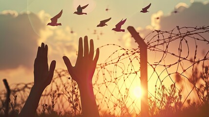 Human right day concept: Silhouette refugee hands raising with birds flying and barbed wire on autumn sunset background 