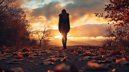 International migrants day concept: Alone victim woman standing on black autumn sunset background  - obrazy, fototapety, plakaty