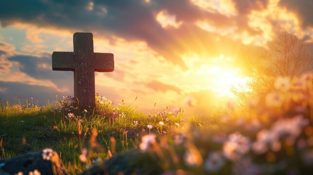 Good Friday concept: Empty tomb stone with cross on meadow sunrise background 