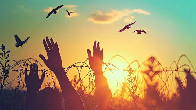 Human right day concept: Silhouette refugee hands raising with birds flying and barbed wire on autumn sunset background 
