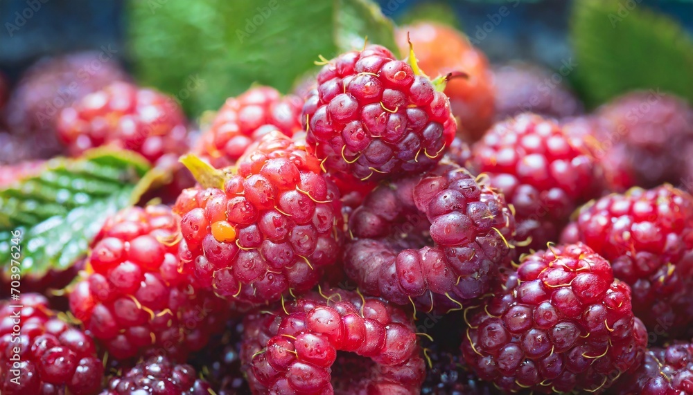 Poster close-up of many wet raspberry berries. selective focus.