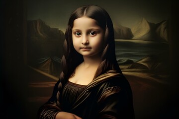 a painting with a young girl with the image of monara in the background