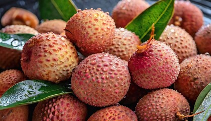 Close-up of many wet lychees. Selective focus.