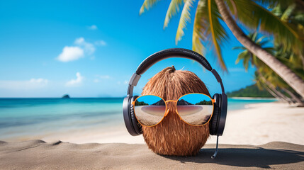 Ripe coconut in sunglasses and headphones on the beach of the Caribbean sea. The tour operator provides consultations. Free space for your text.