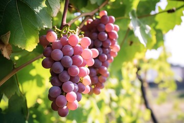 A close-up of a bunch of Grapes hanging in a vineyard, a wide shot. Image for advertising, Banner
