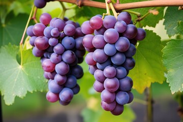 A close-up of a bunch of Grapes hanging in a vineyard, a wide shot. Image for advertising, Banner