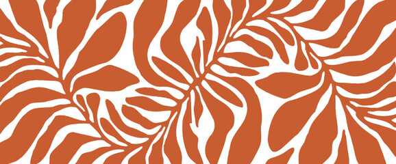 Hand drawn minimal abstract organic shapes pattern. Linocut contemporary print. Nature background. Floral pattern. Modern print in orange color.