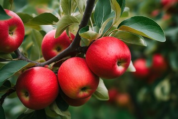Red Apples hanging on a branch in the orchard. Image for advertising, banner