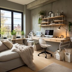 Home office with a large window and a cozy couch