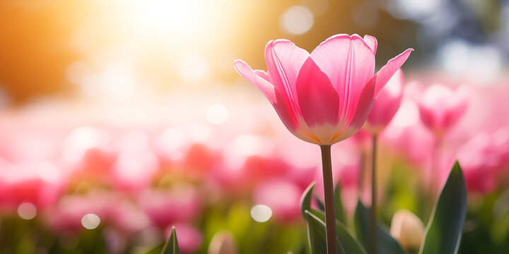 beautiful pink Tulip on blurred spring sunny background, Ai generated image