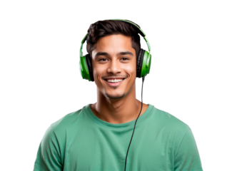 smiling young man in green t-shirt with headphones