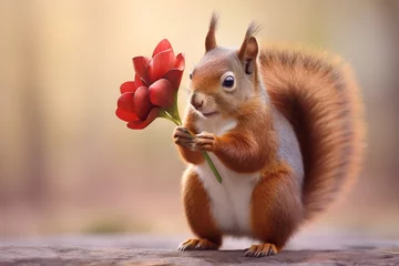 Selbstklebende Fototapeten Squirrel presenting a flower, a whimsical wildlife valentine card © Nina