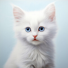 Portrait of white kitten with blue eyes on a blue background.