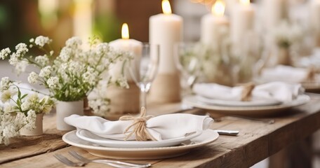 Rustic zero waste wedding decor with natural elements. Wooden table, candles, linen napkins, branches with green leaves. Generative AI - obrazy, fototapety, plakaty