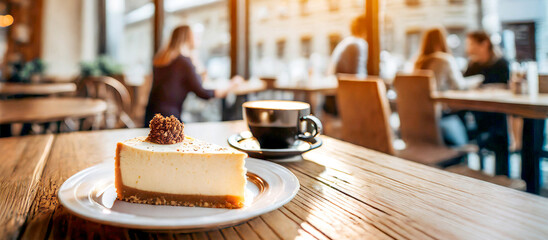 Käsekuchen und Kaffee auf Holztisch in einem Cafe  - obrazy, fototapety, plakaty