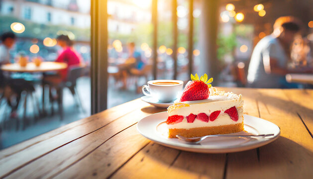 Erdbeerkuchen und Kaffe auf einem Holztisch in einem Gastronomiebetrieb 