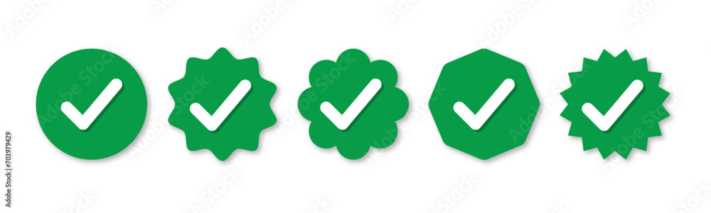 Fototapete set of verified badge. green tick vector. set of right symbol in zig zag style with green and white 