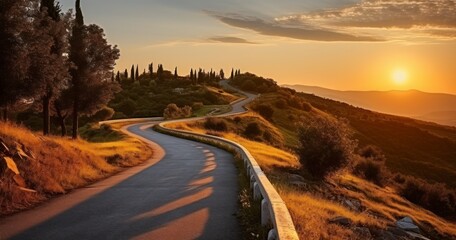 A Picturesque Country Road Illuminated by the Soft Light of Sunset