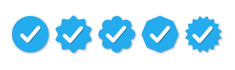 Set of verified badge. blue tick vector. Set of right symbol in zig zag style with blue and white color and shadows, Social media official account tick symbol, Vector icon