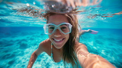 Beautiful Young Woman Snorkeling and Diving in Clear Water at the Beach