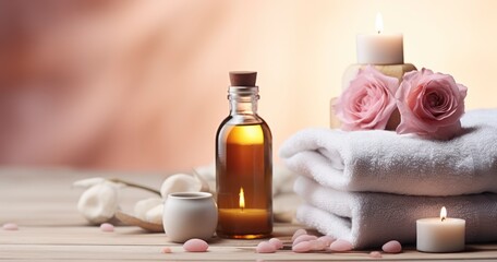 A Display of Organic Spa Essentials Including Rose Oil, Soft Towels, and Stones on a Rustic Wooden Surface for Body Care