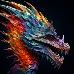 Colorful abstract dragon animal illustration on black