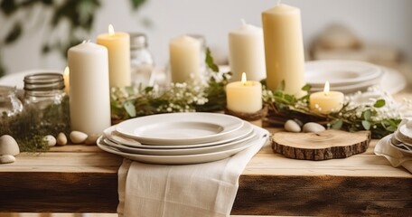 Fototapeta na wymiar A Zero Waste, Rustic Wedding Table Set with Natural Elements, Creating a Romantic and Cozy Atmosphere