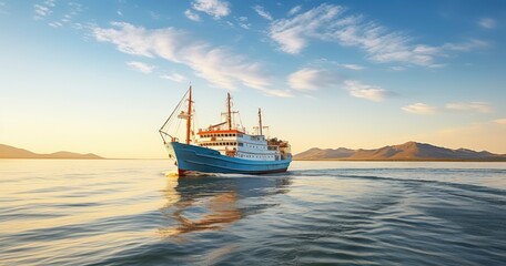 Fototapeta premium A Majestic Vessel Sailing the Open Sea Beneath a Clear, Unclouded Sky. Generative AI