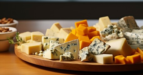 A Delectable Selection of Cheddar, Gouda, and Blue Cheese on a Serving Plate