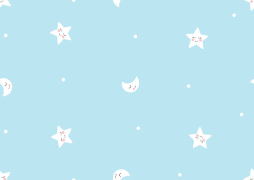 cute moon and stars seamless pattern, moon and crescent doodle for kid blue background