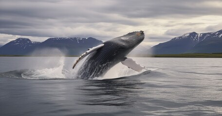 The Stunning Display of a Humpback Whale Jumping in Iceland's Eyjafjordur. Generative AI