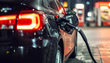 Fototapeta premium Car filling up with gas at a gas station, white car, sunset light, technology energy environment, pollution eco-friendly, ultra wide 21:9 background cover banner