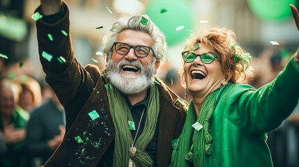 Obraz premium Modern adult man with a beard and a woman joyfully celebrating St. Patrick's Day participate in the city parade