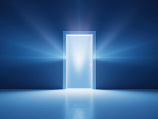 Blue door open radiantly, the final destination of the journey, divine light toward the end of life