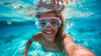 Beautiful Young Woman Snorkeling and Diving in Clear Water at the Beach