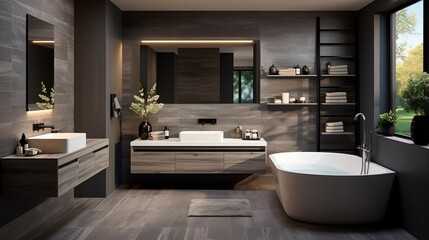 Luxury bathroom interior with dark marble tiles and freestanding bathtub