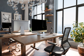 luxurious loft apartment with floor-to-ceiling windows and panoramic view; modern minimalistic interior design of workspace home office area; bright daylight; 3D rendering