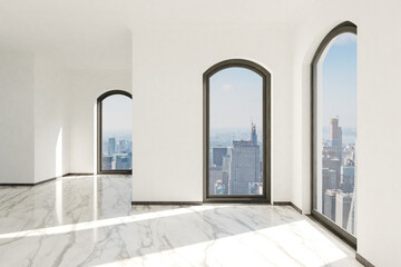 empty luxurious loft apartment with floor-to-ceiling windows and panoramic view; modern minimalistic interior design; bright daylight; 3D rendering