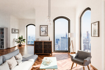 luxurious loft apartment with floor-to-ceiling windows and panoramic view; modern minimalistic interior design of living room and dining room area; bright daylight; 3D rendering