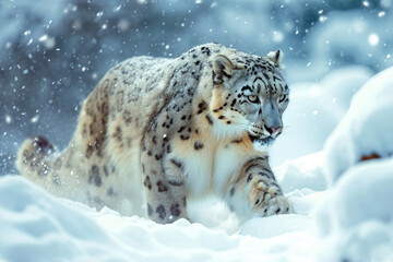 A majestic snow leopard gracefully navigating through a wintry landscape