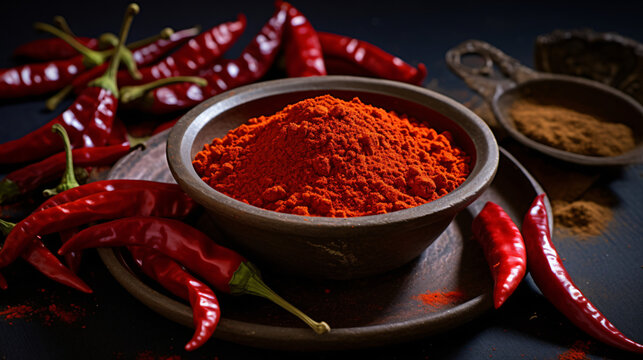 Red hot chilli powder and pod pepper