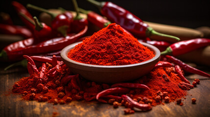 Red hot chilli powder and pod pepper - obrazy, fototapety, plakaty