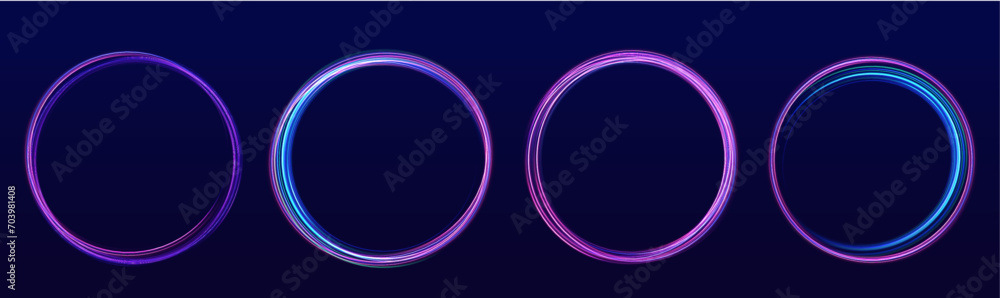 Poster colored neon ovals or circles for swirl shiny rings light effect. glow luminous glitter shimmer trai