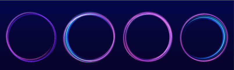 Colored neon ovals or circles for swirl shiny rings light effect. Glow luminous glitter shimmer trail. Curve light effect of multicolored line. Blurred spiral ring. Bokeh effect. Vector illustration. - obrazy, fototapety, plakaty