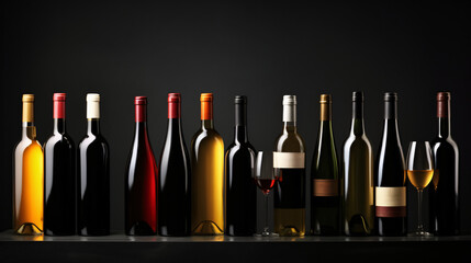 Set of Wine bottles standing in line on dark background - obrazy, fototapety, plakaty