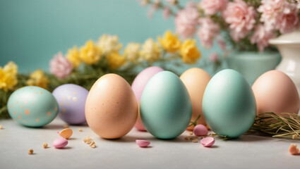 Fototapeta na wymiar Colorful Easter eggs and on light pastel background