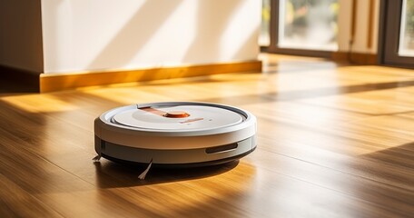 The Modern Convenience of a Robot Vacuum Cleaner on a Shiny Hardwood Floor. Generative AI