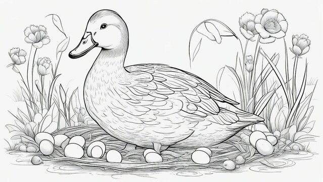 duck near the water  A black and white coloring book page for children with a duck image. The duck is sitting on a nest 
